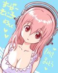  1girl breasts cleavage head_tilt headphones large_breasts long_hair looking_at_viewer mantou nitroplus pink_hair red_eyes sketch solo super_sonico 