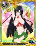 1girl artist_request black_hair blue-framed_glasses breasts brown_eyes card_(medium) character_name chess_piece covered_nipples fan glasses high_school_dxd large_breasts long_hair midriff official_art queen_(chess) shinra_tsubaki torn_clothes trading_card very_long_hair 