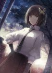  1girl :/ angel31424 black_gloves black_necktie brick brown_eyes brown_hair building bungou_stray_dogs butterfly_hair_ornament closed_mouth collared_shirt dutch_angle gloves hair_ornament hand_on_hip necktie outdoors shirt signature skirt solo tree white_shirt wing_collar yosano_akiko 