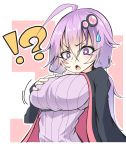  !? &gt;:o 1girl :o absurdres blush breast_grab breasts dress grabbing hair_ornament highres hood hooded_jacket hoodie jacket large_breasts long_hair low_twintails open_mouth purple_dress purple_hair ribbed_sweater sakakiba_misogi self_fondle short_hair_with_long_locks solo surprised sweater twintails violet_eyes voiceroid yuzuki_yukari 