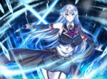  1girl 2015 black_skirt blue_eyes dated detached_sleeves garter_straps highres holding holding_sword holding_weapon long_hair looking_at_viewer original signature silver_hair skirt solo sword the-sinner weapon 