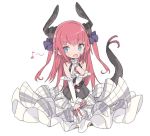  1girl :d blade_(galaxist) blue_eyes detached_sleeves dragon_horns dragon_tail dress fang fate/extra fate/extra_ccc fate/grand_order fate_(series) horns lancer_(fate/extra_ccc) long_hair musical_note open_mouth pink_hair simple_background sleeveless sleeveless_dress smile solo tail two_side_up white_background 