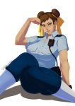  1girl alternate_costume bracelet capcom chun-li double_bun hair_bun highres jewelry looking_at_viewer police police_uniform policewoman sitting solo street_fighter tovio_rogers uniform wariza 