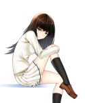  1girl black_legwear blazer brown_hair brown_shoes closed_mouth from_side green_eyes healther highres innocent_grey jacket kara_no_shoujo kneehighs kuchiki_touko loafers long_hair long_sleeves looking_at_viewer pleated_skirt shoes simple_background sitting skirt solo white_background 