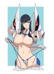  1girl absurdres black_hair blue_eyes breasts commentary_request cowboy_shot gloves goniataito groin headgear highres junketsu kill_la_kill kiryuuin_satsuki large_breasts long_hair looking_at_viewer micro_panties navel panties pauldrons revealing_clothes sidelocks smile solo suspenders suspenders_pull turtleneck underwear white_gloves white_legwear white_panties 