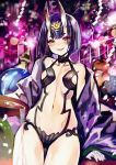  1girl alcohol bare_shoulders blush commentary_request fangs fate/grand_order fate_(series) horns japanese_clothes jewelry kimono looking_at_viewer madogawa makeup midriff navel off_shoulder oni open_mouth purple_hair sakazuki sake short_hair shuten_douji_(fate/grand_order) small_breasts smile solo violet_eyes 