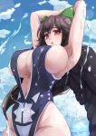  1girl :o armpits arms_up black_hair black_wings blue_sky bow breasts cleavage clouds cloudy_sky cowboy_shot green_bow hair_bow highres huge_breasts looking_at_viewer one-piece_swimsuit outdoors poini_(king-scarlet-dead) red_eyes reiuji_utsuho sky solo standing swimsuit touhou wet wings 
