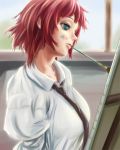  1girl breasts canvas_(object) easel green_eyes highres katawa_shoujo mouth_hold necktie paint_on_face paintbrush painting redhead short_hair sleeeepers_high solo tezuka_rin 