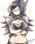  1girl artist_name black_eyes black_gloves black_hair blush breasts butterfly_hair_ornament character_request cleavage closed_mouth copyright_request crossed_arms dated embarrassed glasses gloves groin hair_ornament highres large_breasts long_hair looking_away midriff navel okitakung plaid puffy_short_sleeves puffy_sleeves semi-rimless_glasses short_sleeves simple_background solo sparkle under-rim_glasses 