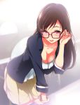  1girl adjusting_hair bangle bespectacled blush bracelet breasts brown_eyes brown_hair casual cleavage glasses highres idolmaster idolmaster_cinderella_girls jewelry long_hair nitta_minami open_mouth q_(ed69) red-framed_glasses smile solo 