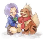  1boy ascot blush child closed_eyes green_eyes growlithe inumura_(inu_noya) kojirou_(pokemon) looking_at_another lowres male_focus open_mouth pokemon pokemon_(anime) pokemon_(creature) pom_pom_(clothes) red_scarf runny_nose scarf shorts smile snot_trail snow socks squatting younger 