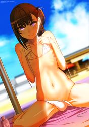  1boy aikawa_kizuna beach bikini black_hair blush bulge crossdressinging hair_ribbon half_updo looking_at_viewer maisaki male_focus otoko_no_ko prunus_girl ribbon short_hair side-tie_bikini sitting smile solo swimsuit untying violet_eyes wariza 