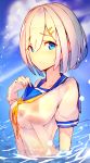  1girl absurdres blue_eyes breasts collarbone embarrassed enj! from_side gloves hair_over_one_eye hamakaze_(kantai_collection) highres kantai_collection large_breasts looking_at_viewer partially_submerged school_uniform see-through serafuku shirt short_hair short_sleeves silver_hair solo upper_body wet wet_clothes wet_shirt white_gloves 