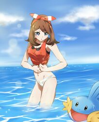  1girl blue_eyes breasts brown_hair cleavage groin hair_ribbon haruka_(pokemon) haruka_(pokemon)_(remake) highres long_hair mudkip navel outdoors panties pokemon pokemon_(creature) pokemon_(game) pokemon_oras red_ribbon ribbon sleeveless solo surfing_orange two_side_up underwear water wet wet_hair white_panties 