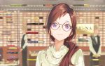  1girl :3 blue_eyes brown_hair glass glasses highres la-na long_hair looking_at_viewer low_ponytail original pen ponytail round_glasses shirt shop sign smile solo_focus storefront upper_body white_shirt window 