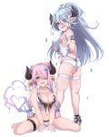  2girls absurdres ass bare_arms bare_shoulders bikini blue_bikini blue_eyes blue_hair blush braid breasts cleavage collarbone commentary_request draph eyebrows_visible_through_hair eyes_visible_through_hair flower full_body granblue_fantasy hair_between_eyes hair_flower hair_ornament hair_over_one_eye hair_over_shoulder halterneck high_heels highleg highleg_bikini highres horns ice izmir large_breasts lavender_hair layered_bikini lips long_hair looking_at_viewer low_tied_hair midriff mole mole_under_mouth multiple_girls narmaya_(granblue_fantasy) navel open_mouth pointy_ears ponytail red_eyes simple_background single_braid sitting skindentation sleeveless spicy_moo swimsuit thigh_strap thighs very_long_hair wariza white_background white_bikini 