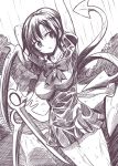  1girl arm_behind_head arm_up asymmetrical_wings breasts dress houjuu_nue large_breasts maturiuta_sorato monochrome rain short_dress short_hair short_sleeves solo touhou wet wet_clothes wings 