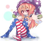  1girl american_flag_dress american_flag_legwear armpits bad_id beni_shake blonde_hair clownpiece fairy_wings feet hat highres jester_cap knees_together_feet_apart knees_up long_hair looking_at_viewer no_shoes outstretched_arm pantyhose polka_dot red_eyes simple_background sitting solo star striped touhou white_background wings 