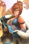  1girl bare_shoulders breasts brown_hair cleavage glasses gloves hair_bun hair_ornament hairpin highres jacket large_breasts lips mark_henry_bustamante mei_(overwatch) overwatch removing_jacket solo sweat tank_top yellow_eyes 