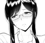  1girl bangs bifidus blush commentary_request glasses head_only looking_to_the_side lowres monochrome nose_blush original parted_bangs parted_lips sidelocks sketch sweatdrop white_background 