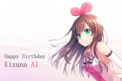  1girl a.i._channel arm_warmers birthday blue_eyes brown_hair collarbone commentary english gradient gradient_background hairband highres kizuna_ai long_hair looking_at_viewer multicolored_hair sailor_collar saira sleeveless smile solo streaked_hair virtual_youtuber white_background 