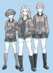  3girls alisa_(girls_und_panzer) black_boots black_shirt black_shorts blonde_hair bomber_jacket boots brown_hair brown_jacket crossed_arms cutoffs denim denim_shorts freckles full_body girls_und_panzer gufu6 hands_in_pockets jacket kay_(girls_und_panzer) kneehighs loafers long_hair long_sleeves monochrome multiple_girls naomi_(girls_und_panzer) open_clothes open_jacket school_emblem shirt shoes short_hair short_shorts short_twintails shorts simple_background socks star t-shirt thigh-highs twintails 