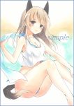  1girl animal_ears armpits barefoot bikini blonde_hair blue_bikini blue_border blush breasts cleavage collarbone colored_pencil_(medium) eila_ilmatar_juutilainen fox_ears fox_tail knees_together_feet_apart lips long_hair marker_(medium) navel potto_(minntochan) sample shiny shiny_skin sitting solo strike_witches swimsuit swimsuit_under_clothes tail tank_top towel traditional_media violet_eyes 