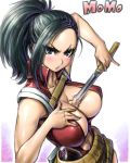  1girl amania_orz black_hair blue_eyes blush boku_no_hero_academia breasts center_opening character_name cleavage drawing_sword large_breasts long_hair looking_at_viewer navel parted_lips pinky_out ponytail shiny shiny_hair skirt solo sword triangle_mouth weapon yaoyorozu_momo 