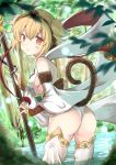  1girl absurdres anchira_(granblue_fantasy) ass bare_shoulders blonde_hair breasts detached_sleeves from_behind granblue_fantasy hair_between_eyes hair_ornament highres looking_at_viewer monkey_ears monkey_tail open_mouth outdoors red_eyes shibakame_(917narto8537) short_hair sideboob small_breasts staff thigh-highs thighs white_clothes white_legwear wide_sleeves 