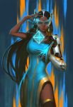  1girl aqua_nails black_hair black_legwear blue_dress breasts brown_eyes cowboy_shot cyborg dark_skin dress earrings fishnet_legwear fishnets forehead_jewel headgear highres jewelry lips long_hair looking_at_viewer mechanical_arm nail_polish necklace overwatch pelvic_curtain side_slit solo symmetra_(overwatch) thigh-highs visor yy6242 