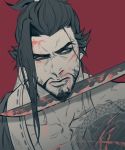  1boy asymmetrical_clothes bare_shoulders beard blood blood_on_face bloody_clothes brown_hair collarbone dragon_print dragon_tattoo facial_hair furrowed_eyebrows goatee grey_eyes hair_tie hanzo_(overwatch) japanese_clothes katana kimono looking_to_the_side male_focus muscle mustache overwatch ponytail red_background scar serious short_hair simple_background solo sword tattoo upper_body weapon 