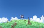  2girls brown_hair clouds commentary field flower hand_on_own_head highres holding_hands long_hair multiple_girls open_mouth original ruins scenery school_uniform serafuku sky smile syego twintails twitter_username wind 