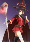  1girl absurdres black_hair cape commentary_request dress eyepatch gradient gradient_background hat highres holding kono_subarashii_sekai_ni_shukufuku_wo! looking_at_viewer megumin parted_lips red_eyes short_dress short_hair simple_background solo staff witch_hat yueye_(blbl-y) 