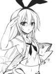  1girl animal_ears fish hand_on_own_head kantai_collection lineart long_hair long_sleeves looking_at_viewer monochrome navel necktie rabbit_ears revealing_clothes salute shimakaze_(kantai_collection) sketch solo thong utakata_(kochou_no_yume) very_long_hair 