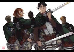  2girls 3boys absurdres auruo_bossard black_hair brown_hair cape character_request erd_gin from_behind gunter_shulz highres letterboxed levi_(shingeki_no_kyojin) looking_back multiple_boys multiple_girls petra_ral shanry shingeki_no_kyojin short_hair sword three-dimensional_maneuver_gear weapon 