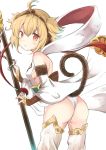  1girl absurdres anchira_(granblue_fantasy) ass bare_shoulders blonde_hair breasts detached_sleeves from_behind granblue_fantasy hair_between_eyes hair_ornament highres looking_at_viewer monkey_ears monkey_tail open_mouth red_eyes shibakame_(917narto8537) short_hair sideboob simple_background small_breasts staff thigh-highs thighs white_clothes white_legwear wide_sleeves 