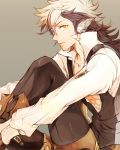  1boy animal_ears black_hair fire_emblem fire_emblem_if flannel_(fire_emblem_if) grey_background long_hair multicolored_hair open_mouth scar simple_background sitting solo tail torisudesu two-tone_hair white_hair wolf_ears wolf_tail yellow_eyes 