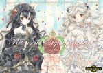  2girls adjusting_hair artist_name bare_shoulders black_hair black_wedding_dress bonnet bouquet bow breasts bridal_veil character_name cleavage dress finger_to_chin flower frilled_dress frills gloves horns isolated_island_oni kantai_collection large_breasts long_hair looking_at_viewer midway_hime multiple_girls pale_skin petals red_eyes ribbon rose rose_petals shinkaisei-kan strapless strapless_dress tamagoboro traditional_media veil very_long_hair wavy_hair wedding wedding_dress white_dress white_gloves white_hair white_skin 