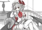 1girl bare_legs bat_wings bow crossed_legs hand_on_own_chin hand_on_thigh hat hat_ribbon leg_lock looking_at_viewer on_bed puffy_sleeves red_bow red_eyes red_ribbon remilia_scarlet ribbon room short_hair sitting sitting_on_bed sketch solo touhou utakata_(kochou_no_yume) wings 