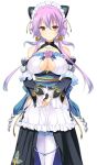  1girl bare_shoulders breasts center_opening cleavage frilled_skirt frills hair_ornament hikage_eiji koihime_musou large_breasts looking_at_viewer original purple_hair red_eyes simple_background skirt smile solo white_background white_legwear wide_sleeves 
