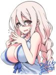  1girl anne_happy bare_shoulders blush braid breasts cleavage commentary_request glasses hair_between_eyes hands_together huge_breasts kumegawa_botan long_hair looking_at_viewer open_mouth pink_eyes pink_hair simple_background smile solo steepled_fingers sweat twin_braids very_long_hair yoshida_hideyuki 