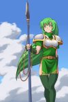  1girl armor blush breasts dress elbow_gloves fire_emblem fire_emblem:_seisen_no_keifu fury_(fire_emblem) gloves green_eyes green_hair green_legwear long_hair polearm rere_(yusuke) smile solo spear thigh-highs weapon 
