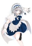  1girl blue_bow blue_eyes blue_skirt bow braid commentary_request frilled_skirt frills izayoi_sakuya knife legs looking_to_the_side maid maid_headdress outstretched_arm puffy_sleeves running silver_bow silver_hair skirt solo touhou utakata_(kochou_no_yume) wrist_cuffs 
