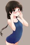  1girl aeoso amayadori_machi bespectacled brown_background brown_hair covered_navel glasses kumamiko long_hair looking_at_viewer one-piece_swimsuit red-framed_glasses school_swimsuit semi-rimless_glasses solo swimsuit twintails under-rim_glasses yellow_eyes 