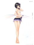  1girl bare_shoulders barefoot bikini bikini_skirt black_hair hairband highres long_legs looking_at_viewer looking_back open_mouth pleated_skirt shining_(series) shining_blade simple_background skirt swimsuit tanaka_takayuki white_background yukihime 