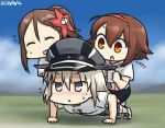  &gt;:&lt; 3girls :d ^_^ ahoge all_fours alternate_costume amagi_(kantai_collection) beamed_quavers bismarck_(kantai_collection) blush brown_eyes brown_hair cable cellphone closed_eyes commentary_request crotchet dated earphones flying_sweatdrops grey_eyes hair_ornament hamu_koutarou holding kantai_collection long_hair minim multiple_girls musical_note open_mouth phone ponytail push-ups quaver riding shiratsuyu_(kantai_collection) shirt short_hair silver_hair sketch smartphone smile sportswear sweat t-shirt translation_request 