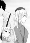  1boy 1girl ? alternate_costume bag beret casual comic commentary handbag hat highres kantai_collection kashima_(kantai_collection) monochrome open_mouth shirt sweat t-shirt twintails twitter_username wangphing 