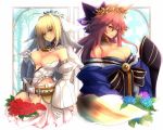  2girls ahoge animal_ears bare_shoulders belt blush bow breasts caster_(fate/extra) center_opening choker cleavage commentary_request cowboy_shot detached_sleeves fate/extra fate/extra_ccc fate_(series) flower fox_ears fox_tail gloves grin hair_bow hair_ornament japanese_clothes lock long_sleeves looking_at_viewer multiple_girls padlock purple_bow saber_bride saber_extra smile tail unzipped veil white_gloves wide_sleeves yude zipper 