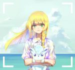  1girl alola_form alolan_vulpix alternate_costume bangs blonde_hair blunt_bangs closed_mouth clouds cloudy_sky collared_shirt fox green_eyes highres lillie_(pokemon) long_hair ocean outdoors pokemon pokemon_(game) pokemon_sm shirt short_sleeves sky solo vulpix white_shirt wind yu_zhi_zha 