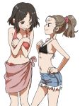  2girls bikini_top commentary covering covering_breasts cowboy_shot crossed_arms cutoff_jeans cutoffs denim denim_shorts embarrassed flat_chest from_side hands_on_own_chest highres multiple_girls navel ponytail sarong scrunchie shorts simple_background smirk white_background yamamoto_souichirou 
